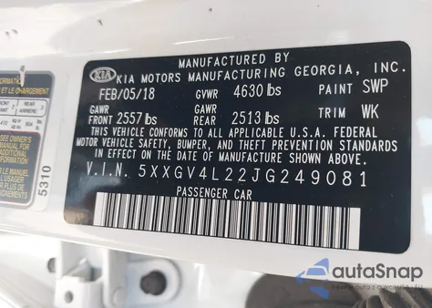 2018 Kia Optima Sx Turbo z USA, uszkodzony, nr VIN 5XXGV4L22JG249081